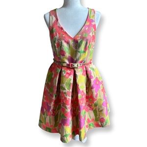 Trina Turk Martha Sleeveless Jacquard Floral Fit Flare Neon Belted Dress Size